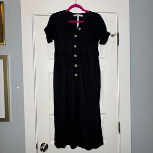 Free People Lighthouse Crop Jumpsuit Black Linen Blend Knit Wide Leg Buttons XS